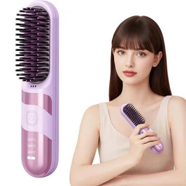 Cordless Hair Straightener Brush, Upgraded Scald-Proof Mini Straight Hair Comb with 3 Temperature Settings, Fast Heating Hair Brushs for Travel Purple