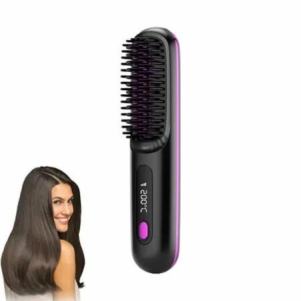 Cordless Hair Straightener Brush with 3 Setting LED Temperature Display Electric Negative Ions Ceramic Hot Comb 360 Anti-Scald Color Black