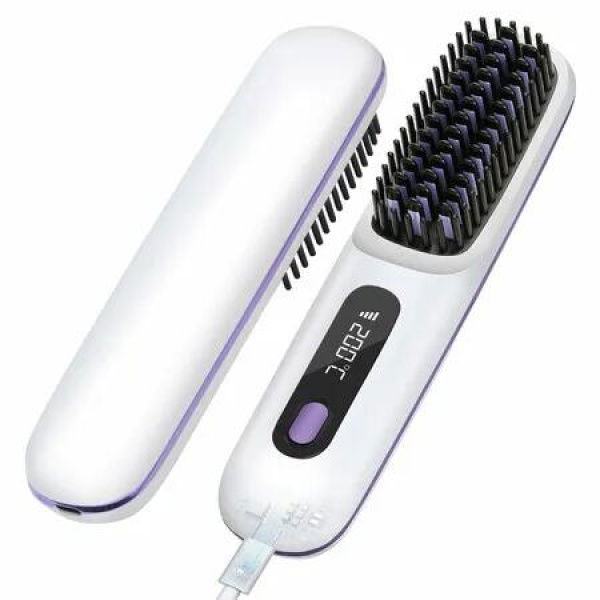 Cordless Hair Straightener Brush with 3 Setting LED Temperature Display Electric Negative Ions Ceramic Hot Comb 360 Anti-Scald Color White