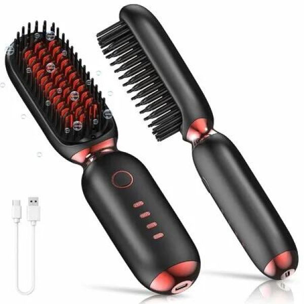 Cordless Hair Straightener Brush,Portable Hair Straightening Brush for Travel,Hot Comb Straightener for Women,Red