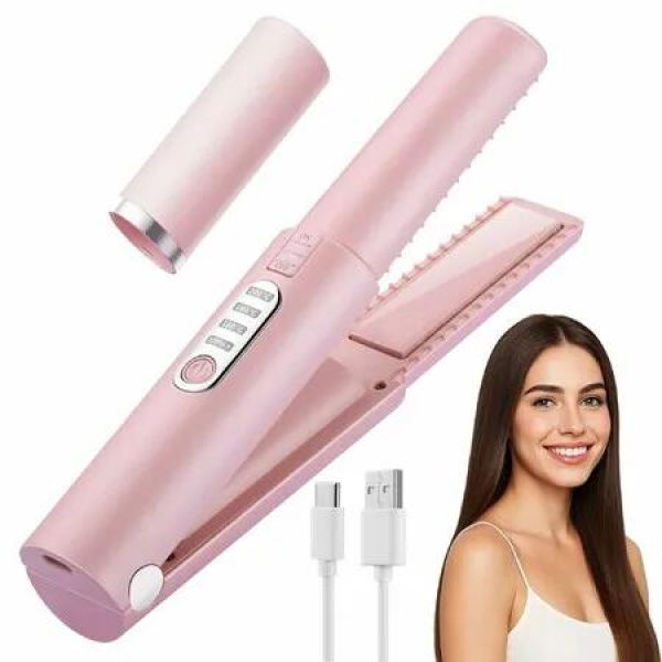 Cordless Hair Straightener Travel Flat Iron,USB-C Rechargeable Mini Hair Straightener for Thin Hair Bangs Edges-3 Temp Settings,Dual Voltage,Pink