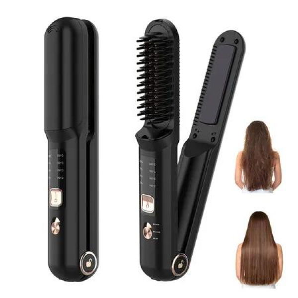 Cordless Hair Straightener,2 in 1 Portable Flat Iron & Straightening Brush,Fast Heating/3 Heat Settings,USB Rechargeable