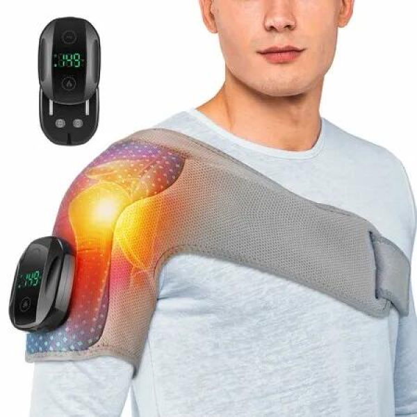 Cordless Heating Pad Shoulder Vibration Heated Brace Massager Wrap Electric 6 Heat 3 Vibration Gifts Men Women,Grey