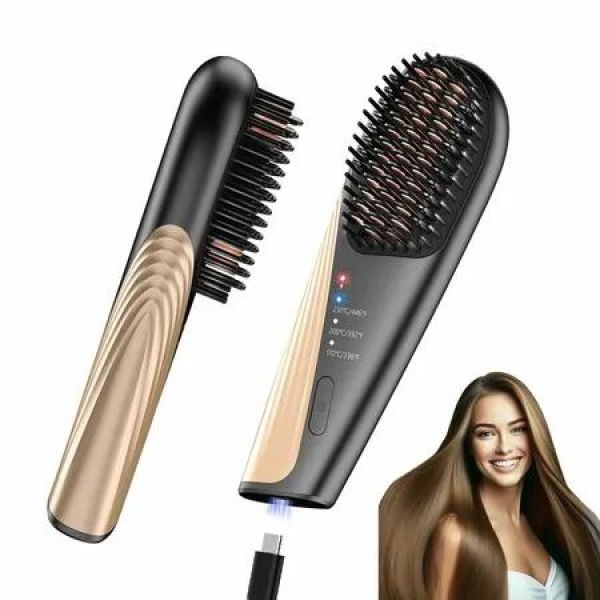 Cordless Portable Hair Straightener Brush for Travel USB-C Rechargeable Fast Heating Mini Hot Straightening Comb for Women(Black)