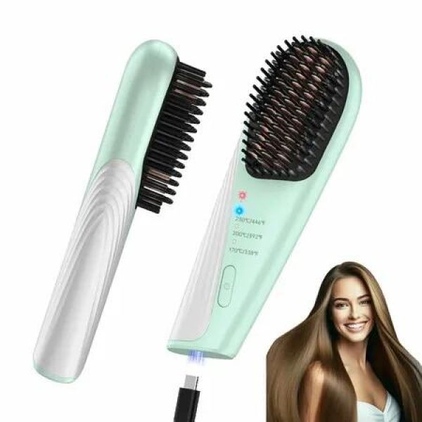 Cordless Portable Hair Straightener Brush for Travel USB-C Rechargeable Fast Heating Mini Hot Straightening Comb for Women(Green)