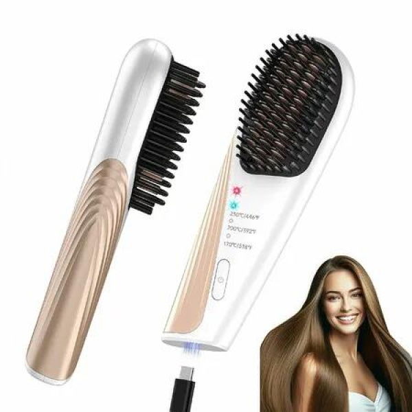 Cordless Portable Hair Straightener Brush for Travel USB-C Rechargeable Fast Heating Mini Hot Straightening Comb for Women(White)