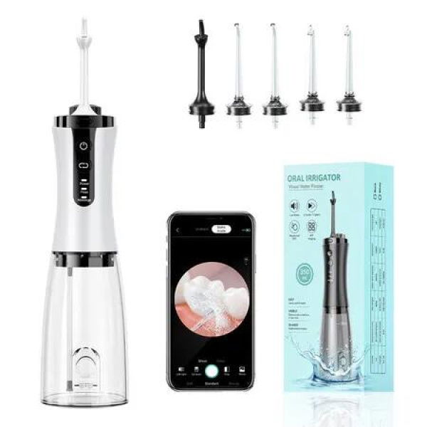 Cordless Portable Water Flosser with Camera, Rechargeable Water Dental Flosser for Teeth Cleaning Flossing IPX7 Waterproof Oral Irrigator, White