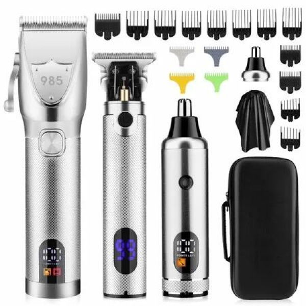 Cordless Professional Hair Clippers for Men, Complete Grooming Kit with Beard Trimmers, Nose Hair Trimmer(Silver)