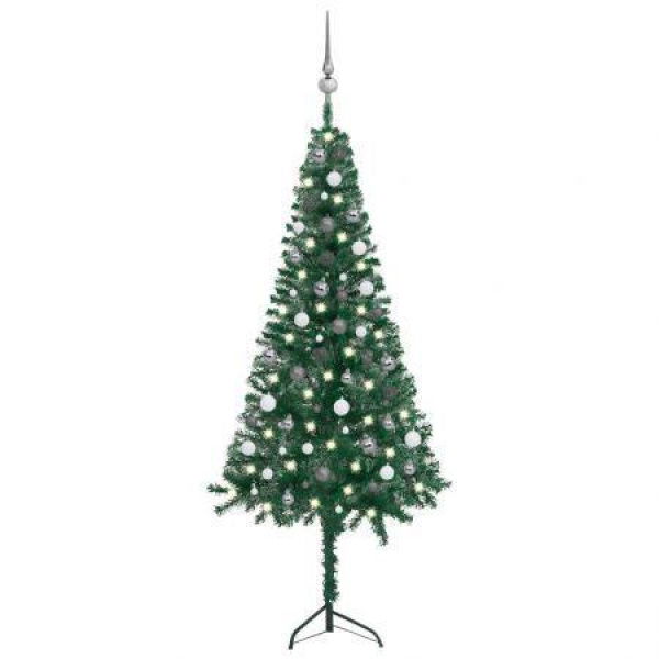 Corner Artificial Christmas Tree LEDs&Ball Set Green 180 cm PVC