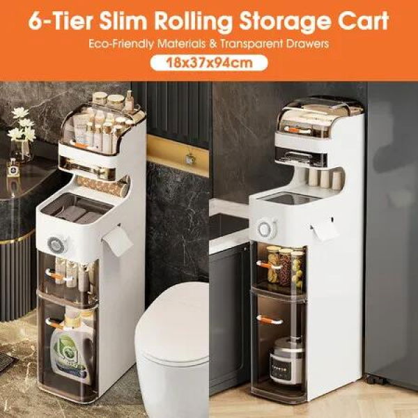 Corner Narrow Cabinet Bathroom Toilet Storage Drawers Rack Slim Shelving Unit Kitchen Laundry Floor Space Saver Organiser Dresser Furniture 6 Layer