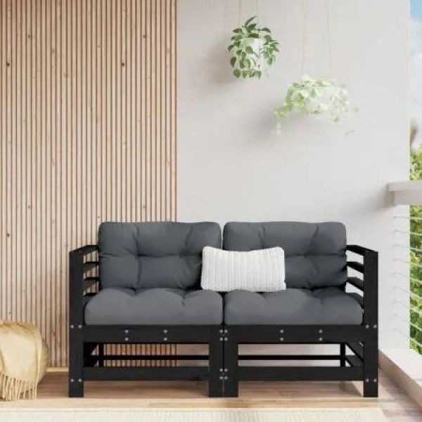 Corner Sofas with Cushions 2 pcs Black Solid Wood Pine