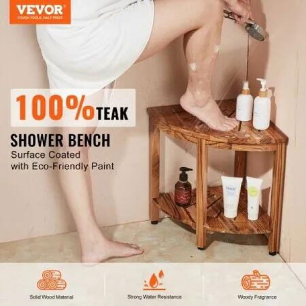 Corner Teak Shower Bench 18.5' Height 15.5' Radius 100% Teak Wood Corner Shower Beach Mold-resistant 228KGS with Storage Shelf Shower Stool