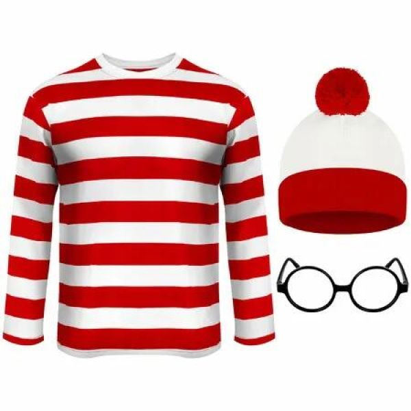 Cosplay Costumes,Red and White Striped Shirt,Christmas Halloween Shirt with Glasses Frame and Hat (Size:Large)