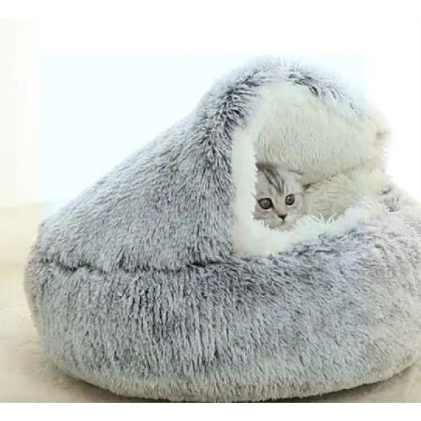 Cozy Round Plush Cat Bed with Hood for Indoor Cats and Small Dogs, Soothing and Anti-Anxiety, Waterproof Bottom, Washable (50cm, Grey)