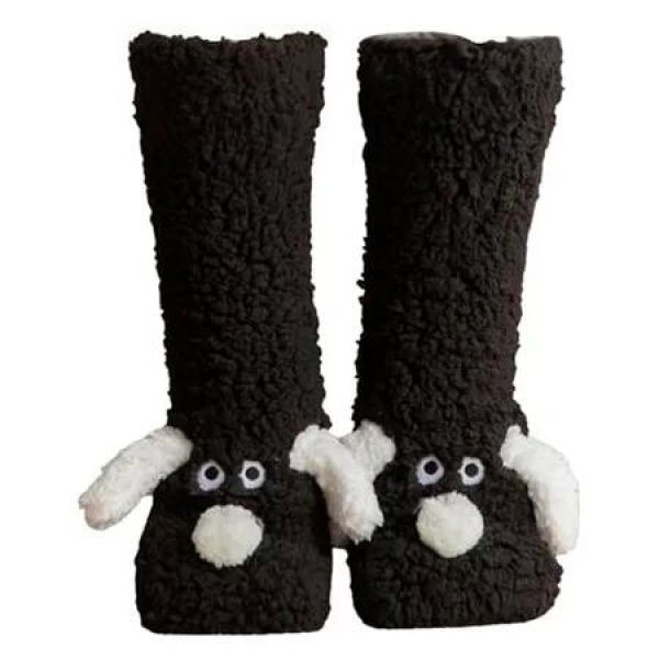 Cozy Thick Coral Fleece Non-Slip Slipper Socks for Women, Cute Puppy Plush Fuzzy Warm Thermal Boot Socks for Winter, One Size, Black
