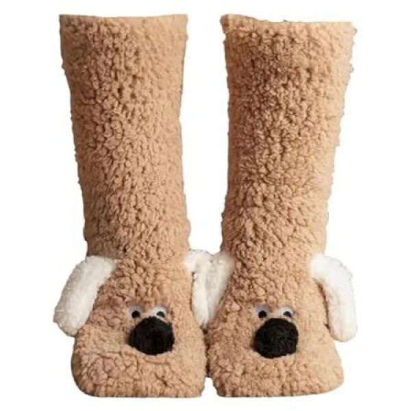 Cozy Thick Coral Fleece Non-Slip Slipper Socks for Women, Cute Puppy Plush Fuzzy Warm Thermal Boot Socks for Winter, One Size, Brown