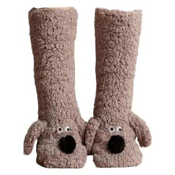 Cozy Thick Coral Fleece Non-Slip Slipper Socks for Women, Cute Puppy Plush Fuzzy Warm Thermal Boot Socks for Winter, One Size, Chocolate