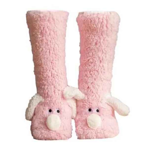 Cozy Thick Coral Fleece Non-Slip Slipper Socks for Women, Cute Puppy Plush Fuzzy Warm Thermal Boot Socks for Winter, One Size, Pink