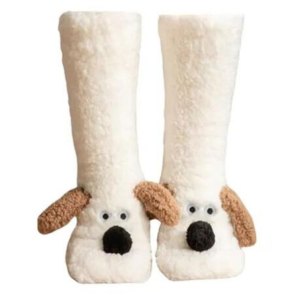 Cozy Thick Coral Fleece Non-Slip Slipper Socks for Women, Cute Puppy Plush Fuzzy Warm Thermal Boot Socks for Winter, One Size, White
