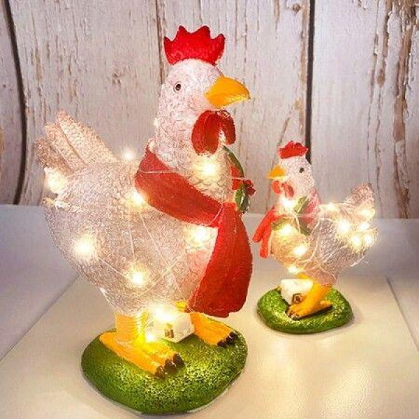 Creative 3D Light Up Chicken With Scarf Lawn Ornament - (Not Included LED Lights) Rooster Resin Sculpture (1 Pack)