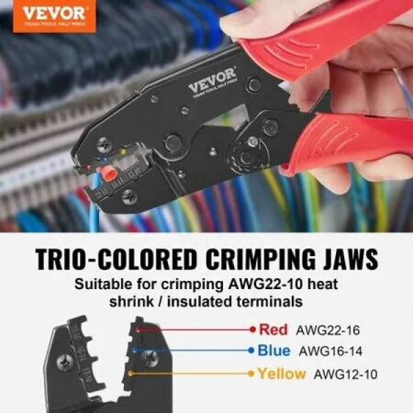 Crimping Tool, AWG22-10 Heat Shrink/Nylon/Insulated Terminal Crimper, Labor-Saving Ratcheting Wire Crimp Pliers with a Pair Of Gloves, a Wire Stripping Pliers, and 210pcs Heat Shrink Tubes