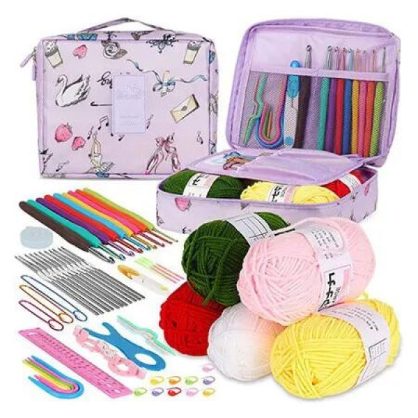 Crochet Kit for Beginners, Crochet Kits Include Yarn, 59pcs Crochet Starter Kit for Beginners Kids, Portable Storage Bag for Convenience,Purple