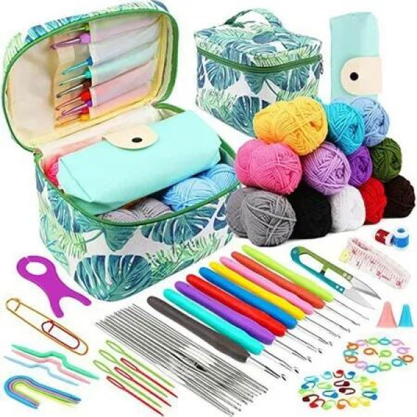 Crochet Kit for Beginners Easy Crochet Kit with Yarn Bag for Effortless Storage and Instructions,Waterproof Crochet Kit with Split Yarn Compartments