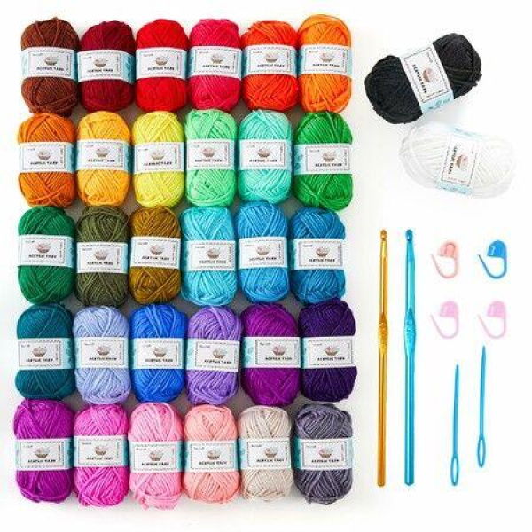 Crochet Yarn Kit for Beginners 1440 Yards 32 Colors Acrylic Yarn Skeins,2 Crochet Hooks,2 Weaving Needles,4 Stitch Markers,1 Bag for Crocheting Knitting