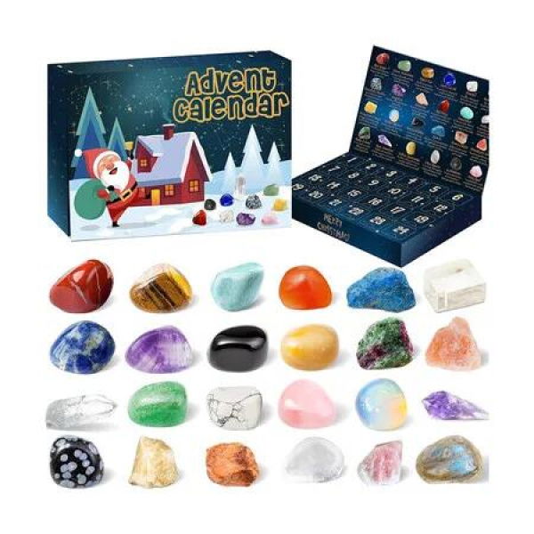 Crystal Advent Calendar, 24 Kinds of Crystals and Geographic Gemstone Rock Advent Calendar Men, Kids, Boys, Girls, Teen Girls for Age 4 Up