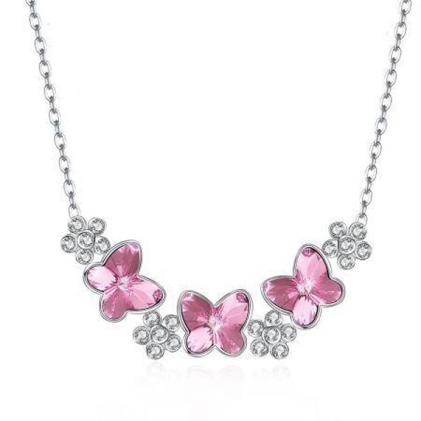 Crystal Butterfly S925 Sterling Silver Necklace Pink/Platinum Plated.