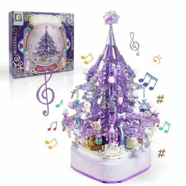 Crystal Christmas Tree Building Block Set Music Box with LED Light Rotating Xmas Bricks Toy for Girls Ages 6+ Musical Blocks Toy