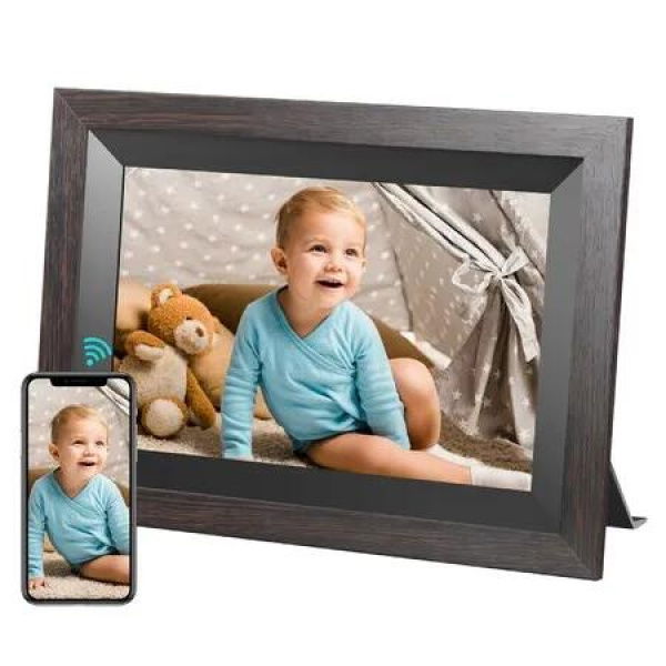 Crystal-clear 10.1-inch Smart WiFi Digital Photo Frame with 1280x800 IPS vibrant Touch Screen,Auto-Rotate,16GB Memory,Seamless Sharing via Frameo App(All Black Wooden Frame)