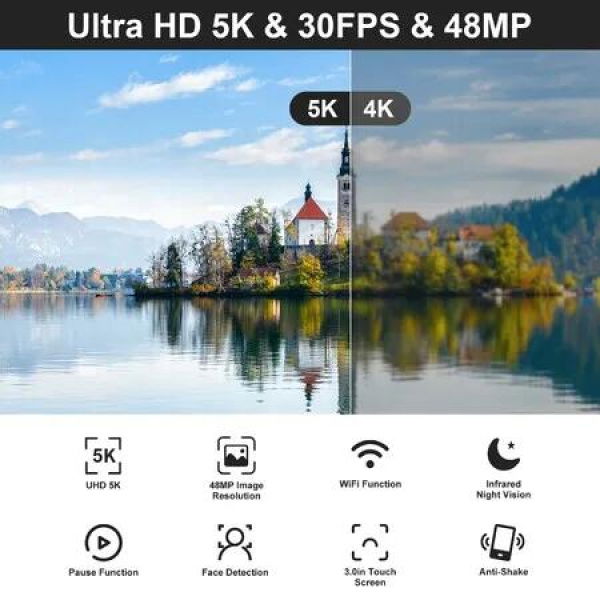 Crystal-Clear 48MP UHD 5K Video Camera Camcorder with IR Night Vision,16X Digital Zoom Touch Screen,External Microphone,Lens Hood,Stabilizer,Remote,2 Batteries,Perfect for Vlogging with Built-in Wifi