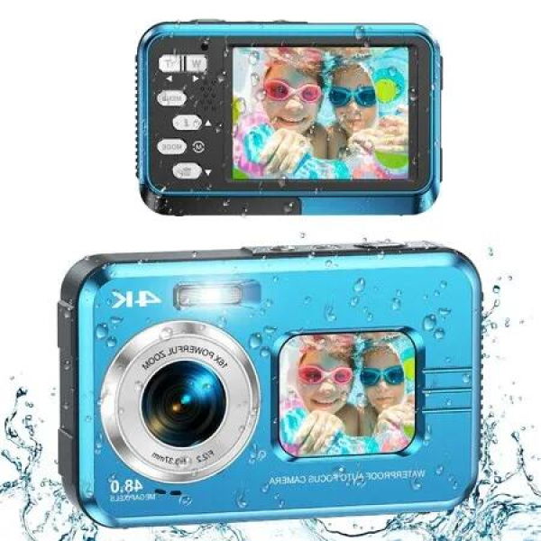 crystal-clear 4K Waterproof 11FT Underwater Digital Camera with 48MP high-resolution for capturing every detail,Autofocus function,Dual screens,16X digital zoom,2 battery (Blue)