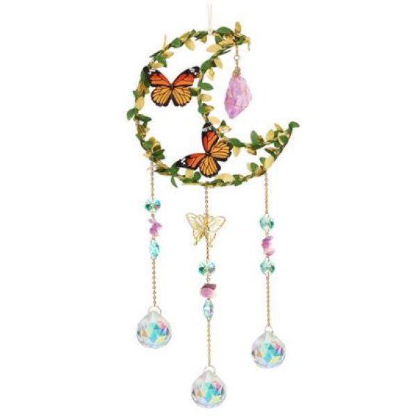 Crystal Suncatcher For Windows - Moon Shaped With Enchanting Butterfly Design - Hanging Crystal Wind Chimes Rainbow Maker Gifts Window Decor