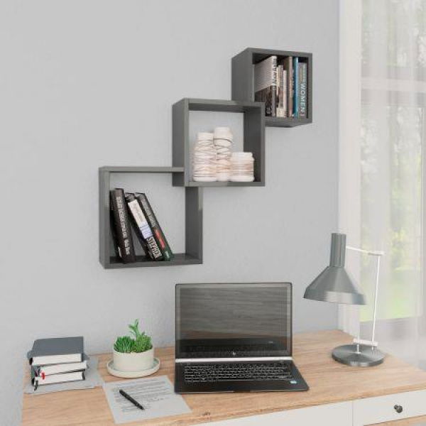 Cube Wall Shelves High Gloss Grey 84.5x15x27 Cm Chipboard