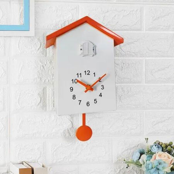 Cuckoo Wall Clock,Cuckoo Bird Voices Call, Design Clock Pendulum, Bird House, Wall Art Home Living Room Kitchen Office Decoration (Orange)