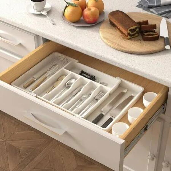 Cutlery Drawer Organiser Expandable Utensil Tray for Kitchen Adjustable Silverware and Flatware Holder Compact Plastic Storage for Spoons Forks Knives