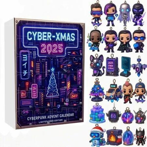 Cyber-Xmas Advent Calendar 2025, 2D Flat Acrylic Ornament Set Pendant for Holiday Home Decoration