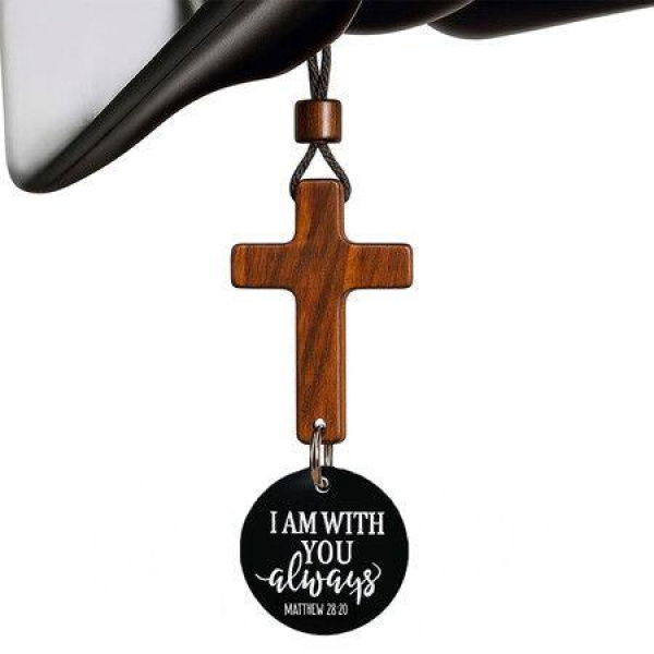 Daily Bible Verse Rearview Mirror Cross Ornament, Daily Scripture Car Charm Hanging Cross for Car with â€œI Am with You Alwaysâ€ Medallion, Black