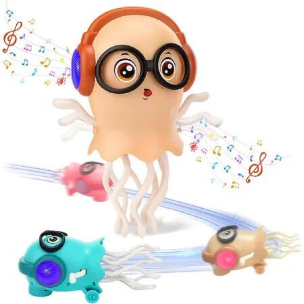 Dancing Jellyfish Toy, Crawling Jellyfish Tummy Time Toy, Magic Dancing Music Crawling Toys for Boys Girls Birthday Gifts (Orange)
