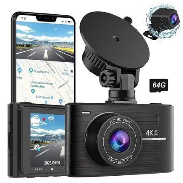 Dash Cam Front and Rear 4K+1080P FHD for Cars Built-in WiFi GPS, 3 Inch IPS Screen,Night Vision,170 Degree Wide Angle G-Sensor Loop Recording