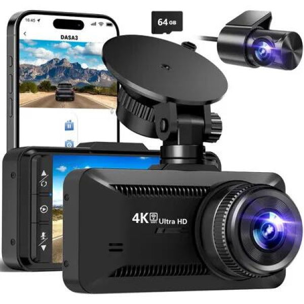 Dash Cam Front Rear 4K/1080P,Dash Camera for Cars Build in WIFI, Full HD Dash Cam with APP Control,3.94Inch IPS Screen Dash camera with 64GB SD Card,G-Sensor,WDR,24Hr Parking Mote,Loop Recording