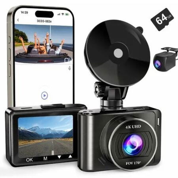 Dash Camera,4K/1080p Dash Cam Front Rear Built-in WiFi,with 64GB SD Card, Full HD 2.0Inch IPS Screen Dash Camera for Cars with App Control,G-Sensor,Loop Recording,Parking Mode