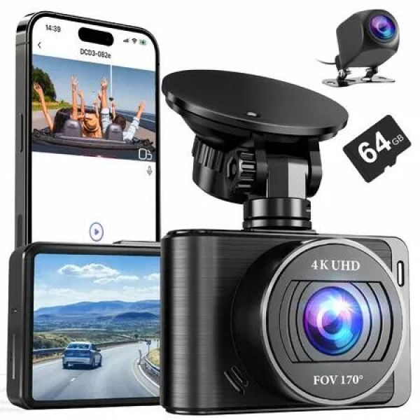 Dash Camera,4K/1080p Dash Cam Front Rear Built-in WiFi,with 64GB SD Card,Full HD 2.0In IPS Screen Dash Camera for Cars with App Control,G-Sensor,Loop Recording,Parking Mode