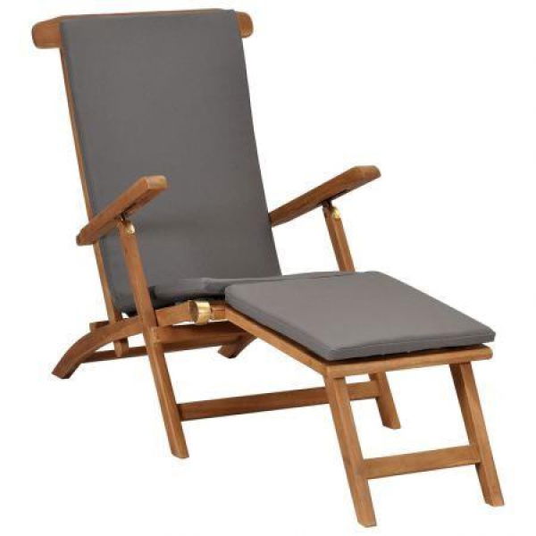 Deck Chair With Cushion Dark Grey Solid Teak Wood