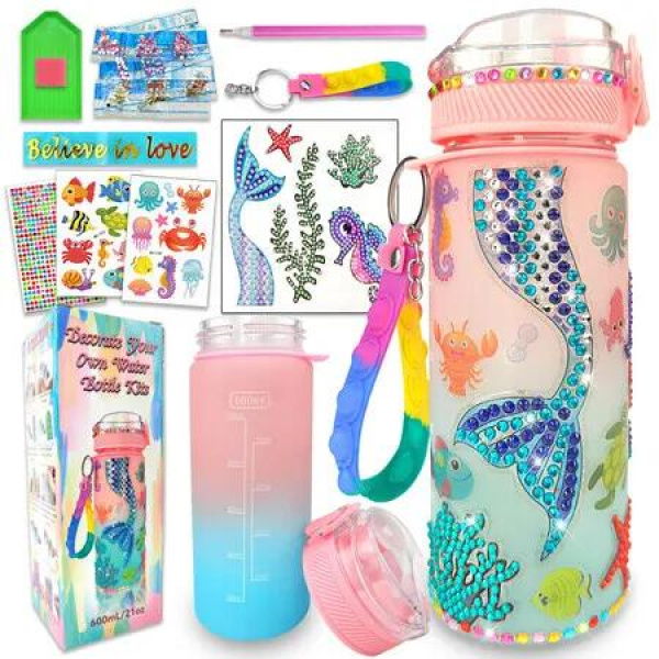 Decorate Your Own Water Bottle Kits for Girls Age3+,Mermaid Gem Diamond Painting Crafts,Fun Arts and Crafts Gifts Toys for Girls Birthday Christmas (Mermaid)