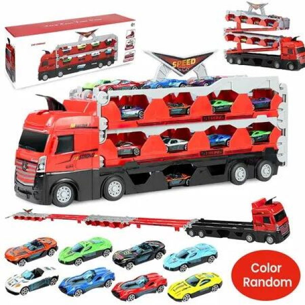 Deformation Truck with Ejection Race Track: Big Truck Toy Set with Folding Storage and 8 Cars for Kids and Boys