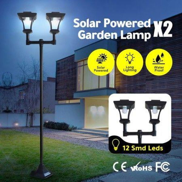 Deluxe Outdoor Solar Lights Garden Lamp Post With Double Lamp X2