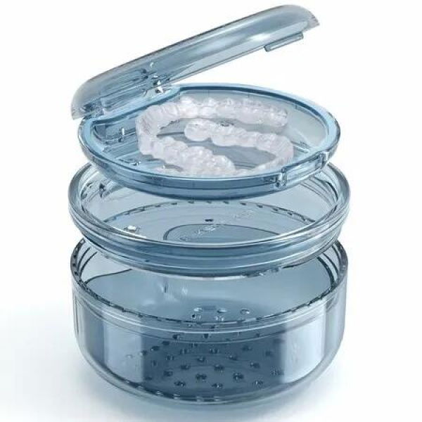 Denture Case Retainer Cleaning Case, 2 in 1 Retainer Case, No Leak Denture Bath Box Cup Blue